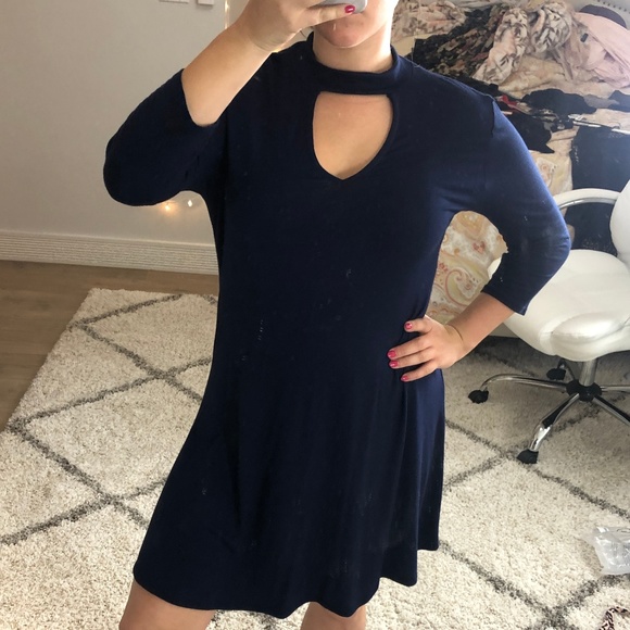 Blue Long Sleeve Neck Cutout Dress - Picture 3 of 4